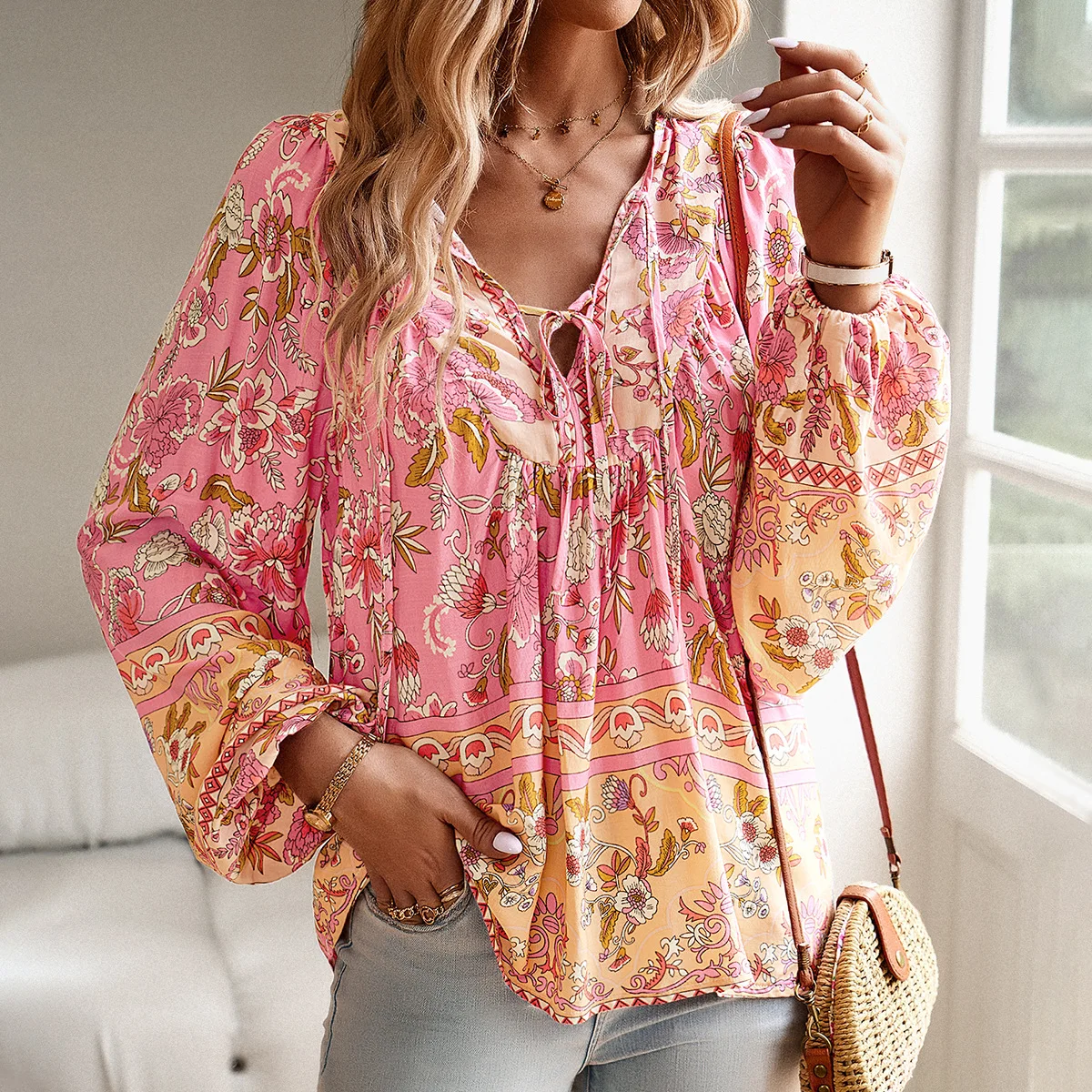 Top Trends: Pink Women's Shirt Loose Loose Flora Blouse Elegant Office Lady Tops Fashion Dress Up Streetwear Outfit Autumn Female Clothing Shoppable Styles