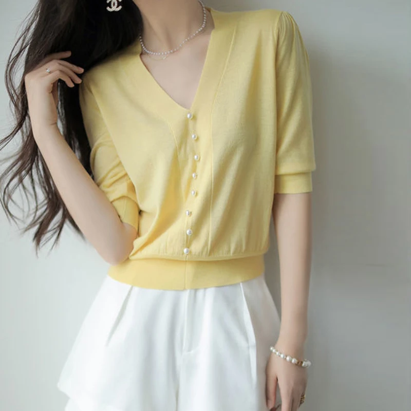 Top Trends: White Bead Knit Shirt V-neck Short Sleeve Blouse 2022 Korean Style Casual Shirt For Female Professional Elegant OL Clothing Shoppable Styles - Image 5