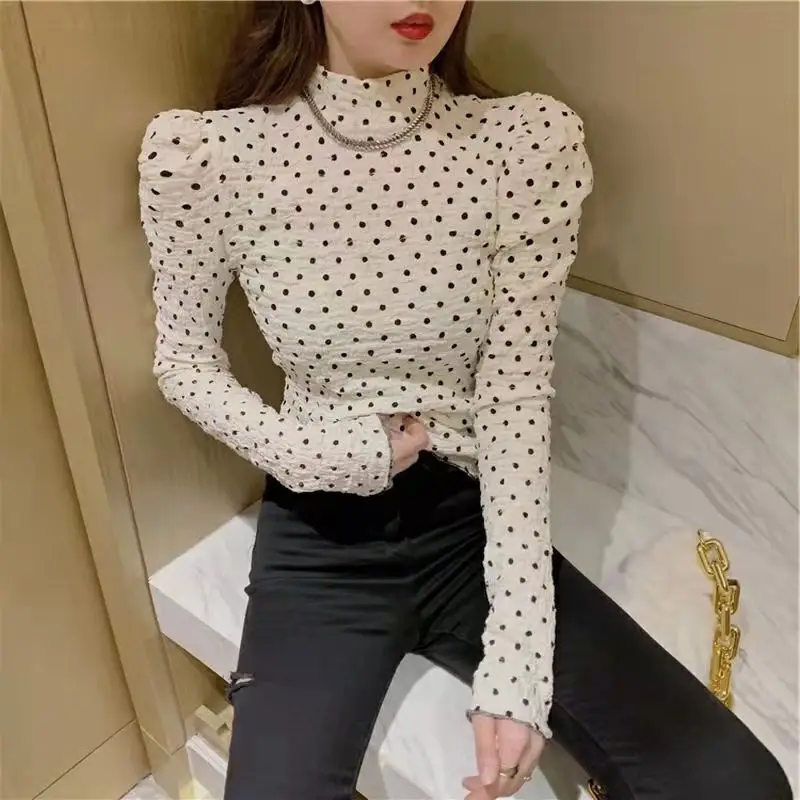 Top Trends: Fashion Printed Turtleneck Polka Dot Puff Sleeve Blouse Female Clothing 2023 Winter New Casual Pullovers Commuter Shirt Shoppable Styles - Image 4