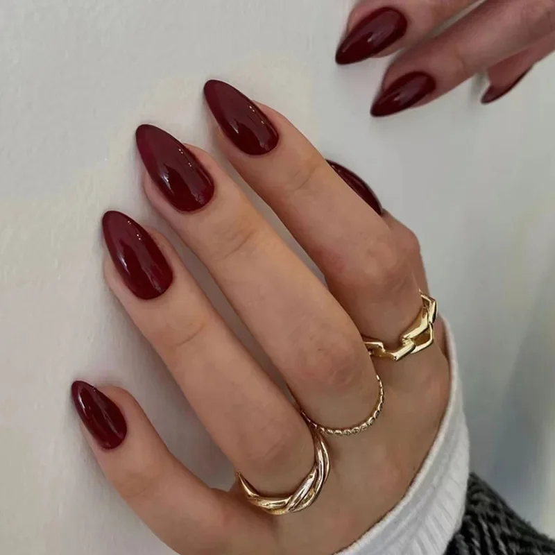 Top Trends: 24Pcs Simple Wine Red Fake Nail With Glue Mid-length Almond Press On False Nails Wearable Round Head Oval Full Cover Nail Tips Shoppable Styles