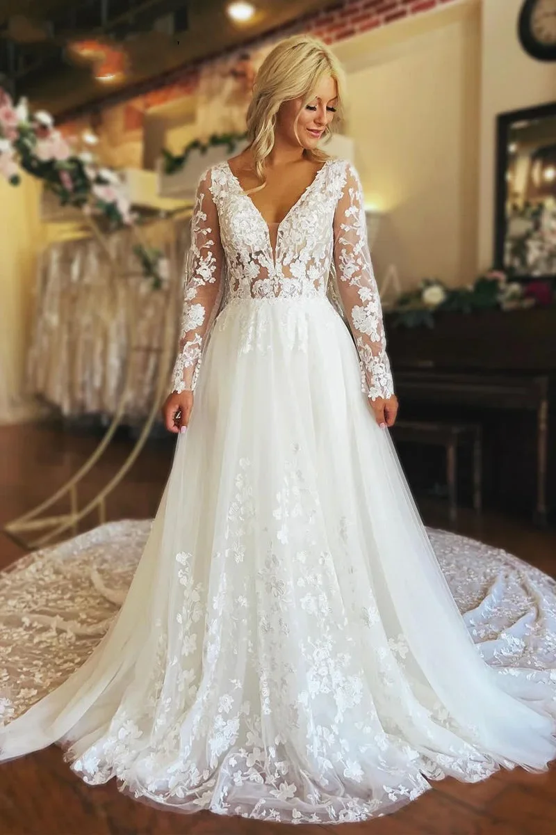 Top Trends: Elegant A Line Wedding Dresses V Neck Lace Appliques Long Sleeves Button Bridal Gowns Floor Length Vestidos De Novia New 2024 Shoppable Styles