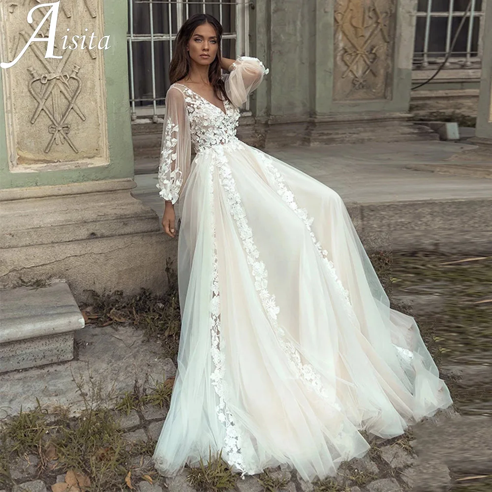 Top Trends: Charming Long Puffy Sleeves Wedding Dress V Neck Lace Appliques Bridal Gown A Line Open Back Sweep Train Vestidos De Novia Shoppable Styles