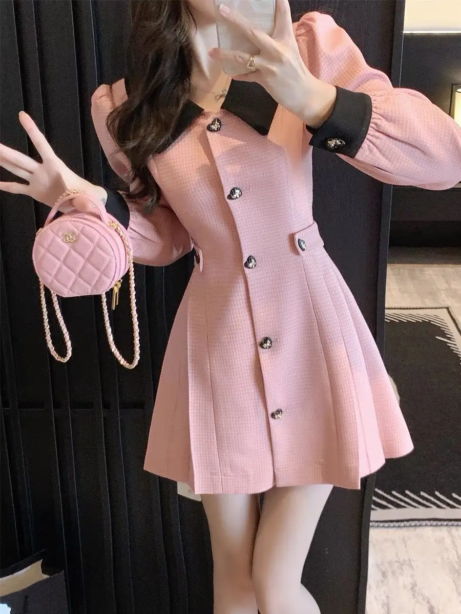 Top Trends: 2023 Autumn New Pink Dress French Sense Of Luxury Stitching Elegant Dress Korean Fashion Temperament Women&#039;s Dress Shoppable Styles