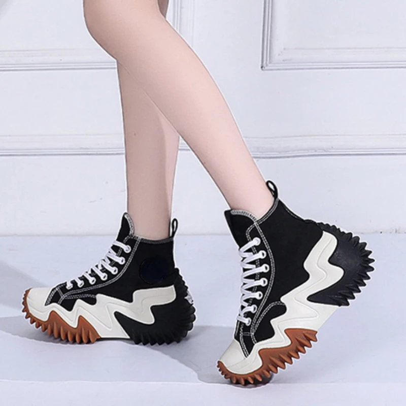 Top Trends: Sneakers Platform Women's Sports Shoes Canvas Vulcanized Shoes Women Lace Up Platform Sneakers Thick Bottom Boots Tenis Feminino Shoppable Styles