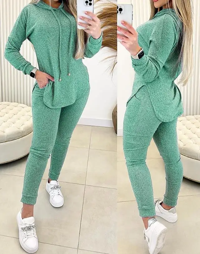 Top Trends: 2 Piece Set Women Outfit 2023 Spring Fashion Hem Slit Long Sleeve Hooded Sweatshirt & Casual Pocket Design High Waist Pants Set Shoppable Styles