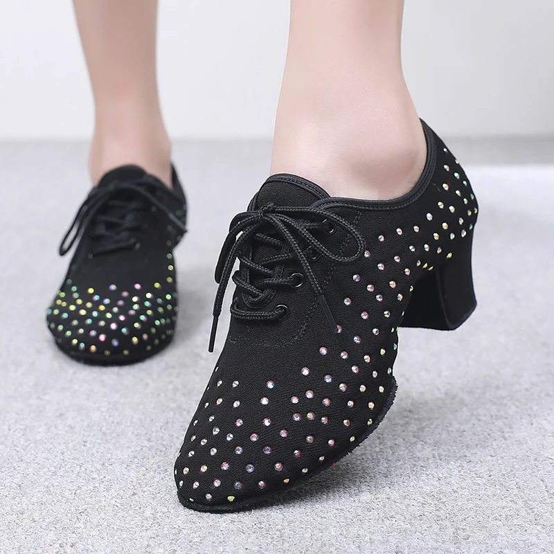 Top Trends: New Style Canvas Teacher Shoes Women Latin Dance Shoes Middle Heel Oxford Full Of Drill Dance Shoes Training Ballroom Dance Shoe Shoppable Styles