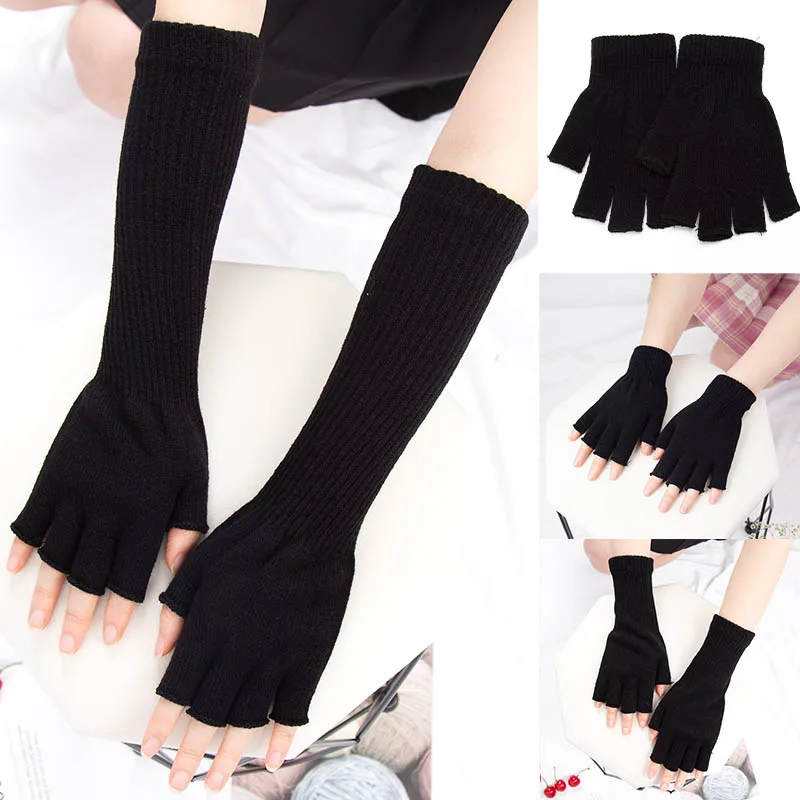 Top Trends: 1Pair Black Unisex Half Finger Fingerless Gloves For Women Men Wool Knit Wrist Cotton Gothic Gloves Winter Warm Workout Gloves Shoppable Styles