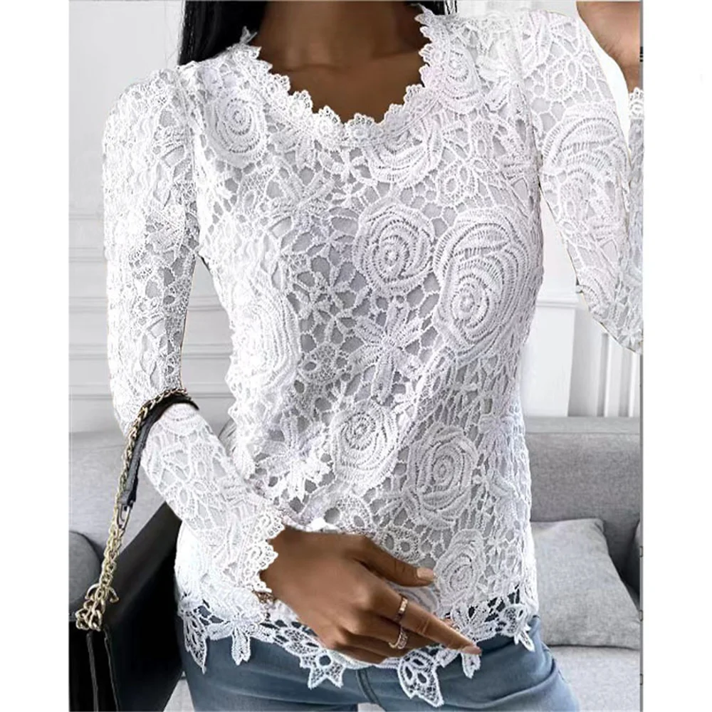 Top Trends: 2022 Autumn New Fashion Blouse Tops Women Long Sleeve Lace Patchwork Blouse Ladies Casual Sexy V-Neck Solid Color Street Shirt Shoppable Styles