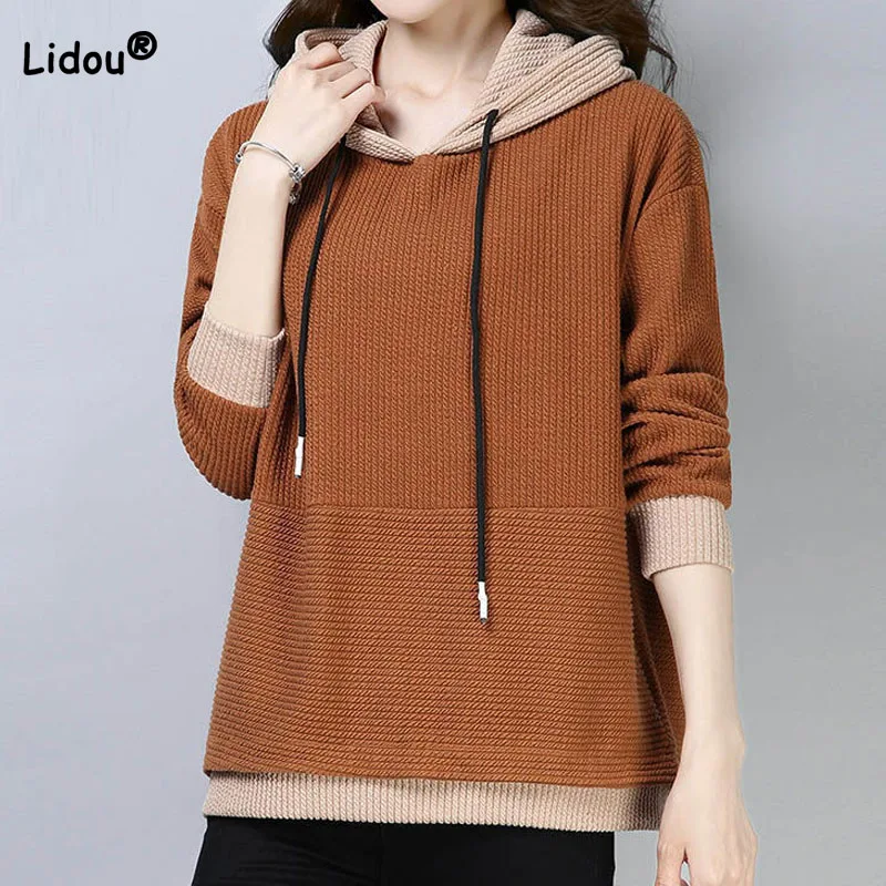 Top Trends: Casual Simplicity Contrast Color Hooded Tops For Female Autumn Winter Fashion Loose Long Sleeve Spliced T-shirt Women's Clothing Shoppable Styles