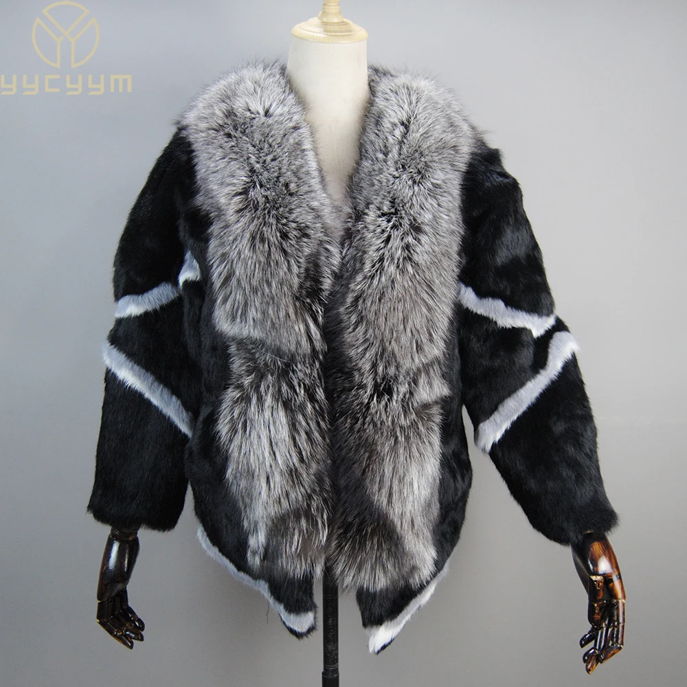 Top Trends: Women Winter Coats Black Woman's Casual Autumn Coat Real Natural Women's Rabbit Fur Coat Fox Fur Collar Large Size Rabbit Skin Shoppable Styles