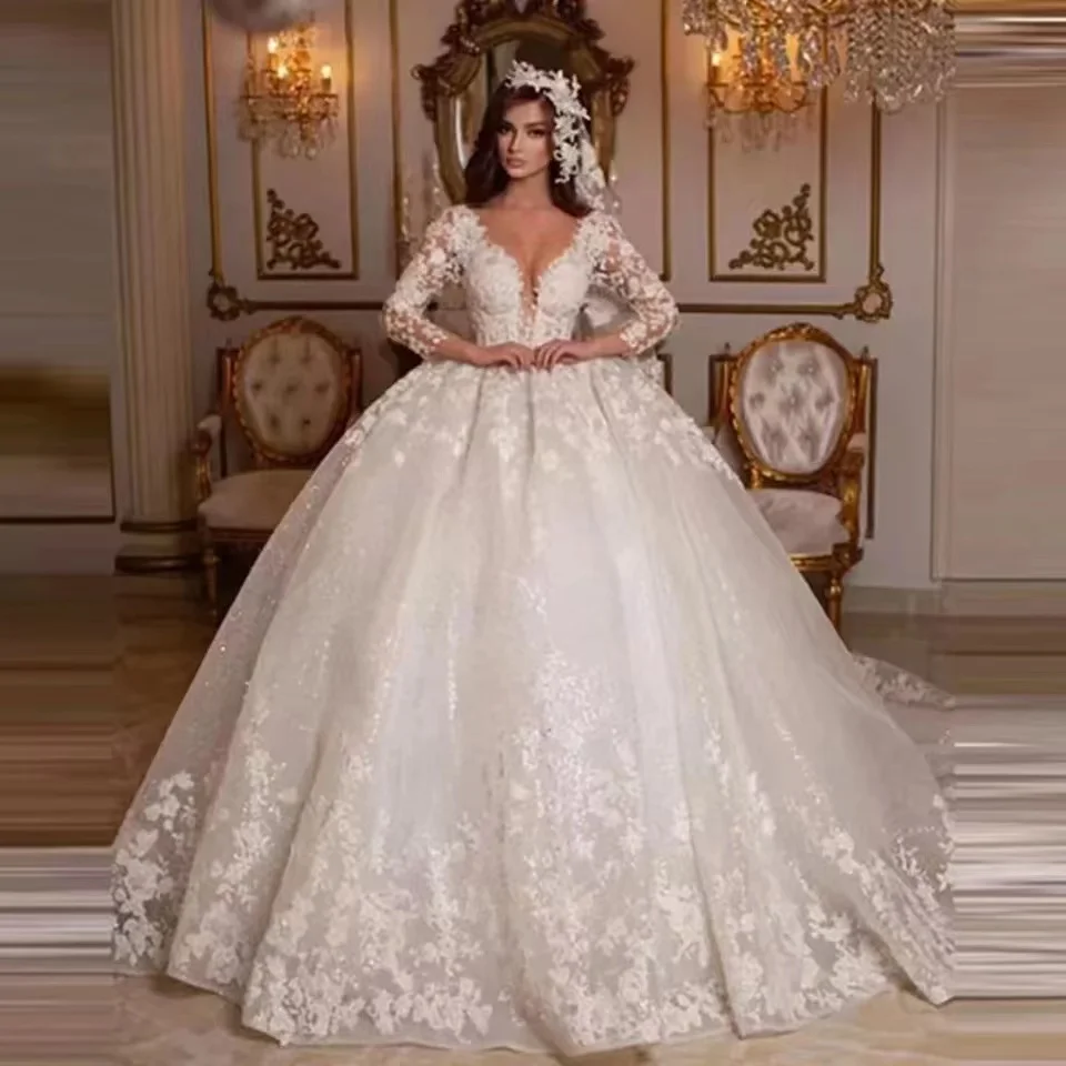 Top Trends: Vintage 2024 Lace Wedding Dresses Princess Ball Gown Beading Bridal Gowns Shinny Tulle Long Sleeves Ivory Dubai Marriage Dress Shoppable Styles