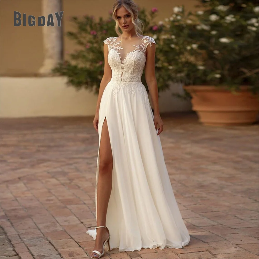 Top Trends: Elegant Boho Lace Wedding Dress 2024 Chiffon O-Neck Illusion Back Beach Side Split Applique Bridal Party Gown Vestidos De Novia Shoppable Styles