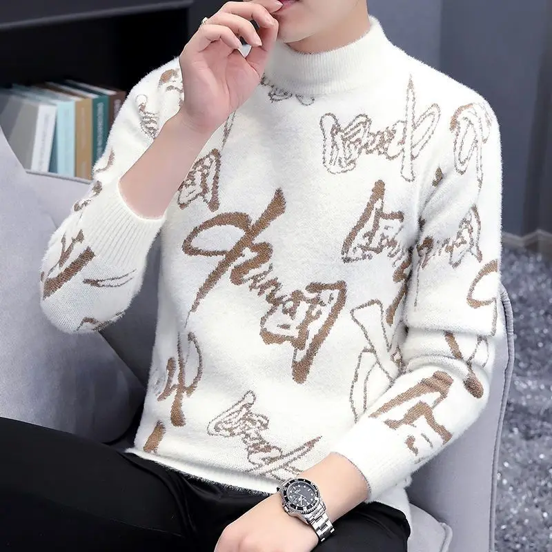 Top Trends: Fashion Printed Half High Collar Spliced All-match Sweaters Men&#039;s Clothing 2023 Spring New Casual Pullovers Loose Korean Tops Shoppable Styles