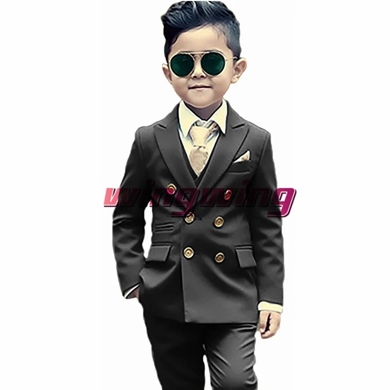 Top Trends: Green Boys Suit Wedding Two Piece Double Breasted Jacket Pants Fashion Gold Button Clothes Kids Blazer Shoppable Styles - Image 4