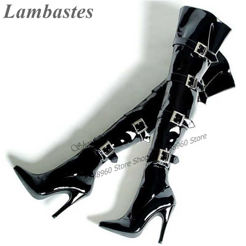 Top Trends: Black Leather Belt Buckle Decor Boots Thigh High Thin High Heel Shoes For Women Side Zipper Pointed Toe 2023 Zapatos Para Mujere Shoppable Styles