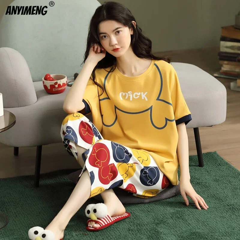 Top Trends: Knitted Cotton Pijama Cartoon Pajamas Sets Women Pyjamas Summer Sleepwear Mujer Nightwear Plus Size Calf-Length Pants Homewear Shoppable Styles