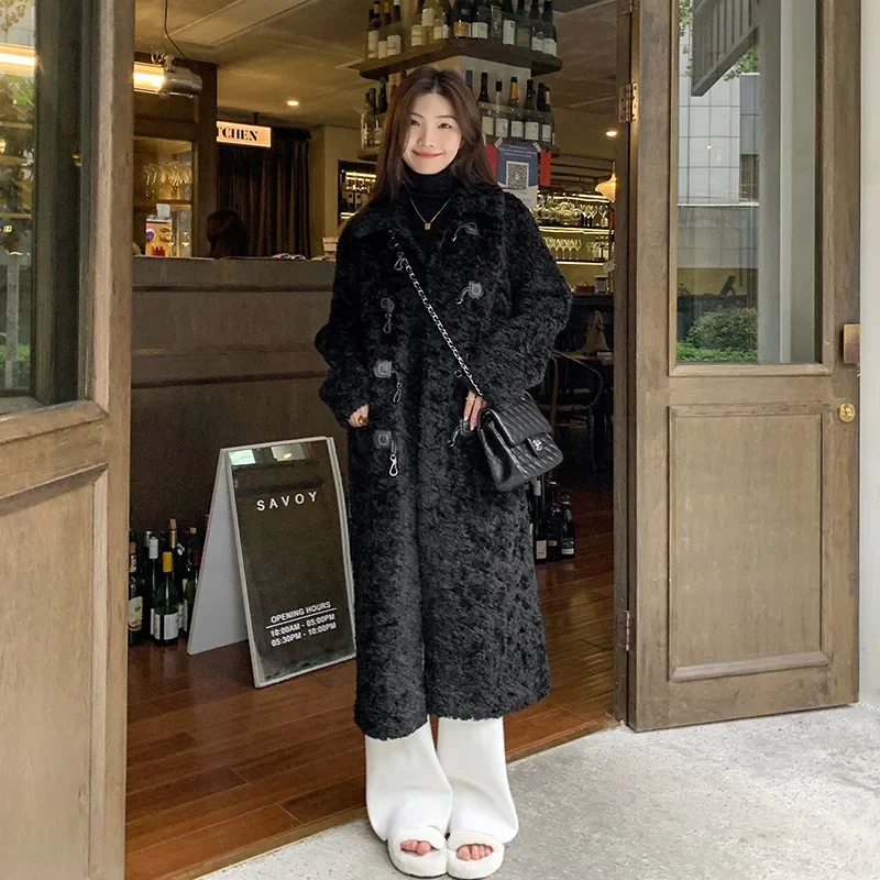 Top Trends: Black Lamb Wool Coat Women's Winter Cow Horn Button Loose Thick Winter Environmentally Friendly Fur Long Over Knee Outerwear 1Pc Shoppable Styles