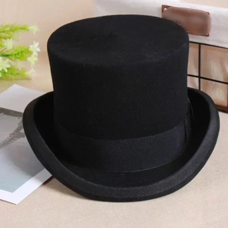 Top Trends: 2024 Wool Flat Man Top Hat Fashion Fedora Versatile Magician Cap Gentleman Cylinder Strap Steampunk Hat Elegant Black 55575961 Shoppable Styles - Image 2