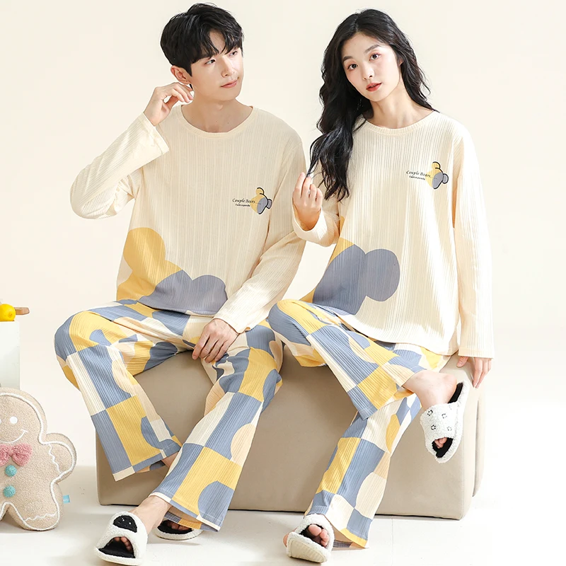 Top Trends: Korean Cotton Homewear Women And Men Matching Pajamas Set For Spring Couple's Cartoon Cute Sleepwear Pijama Pareja Masculino Shoppable Styles