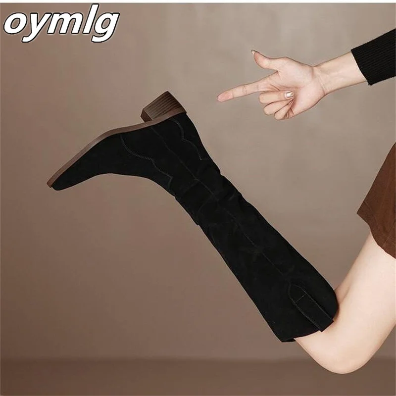 Top Trends: Knight Boots Women's 2023 Coarse Heels Autumn / Winter Western Boots High Sleeve Thin Retro Slim Wrinkle Stacked Boots Long Boots Shoppable Styles