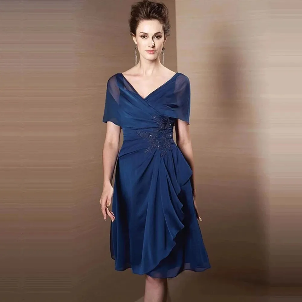 Top Trends: Navy Blue 2022 Elegant Mother Of The Bride Dress Chiffon A Line Double V Neckline Short Sleeves Godmother Wedding Party Gowns Shoppable Styles