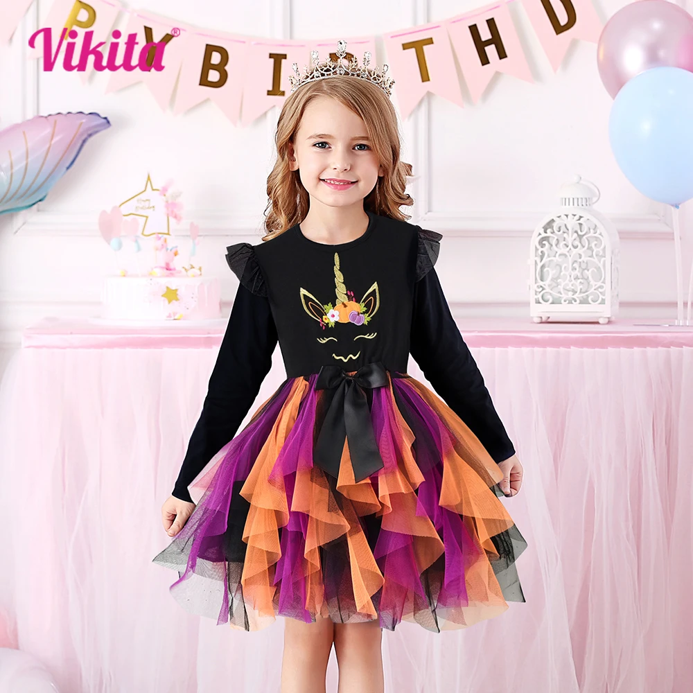 Top Trends: VIKITA Dress For Kids Girl Pumpkin Witches Bats Layered Mesh Tulle Princess Dress Children Cosplay Festival Clothes 3-12Years Shoppable Styles