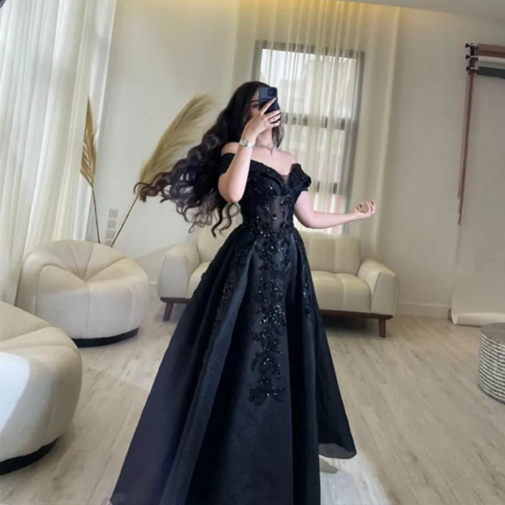 Top Trends: Black Off The Shoulder Evening Dress Fashion V-Neck A-Line Prom Dress Organza With Lace Applique Floor Length Robes De Cocktail Shoppable Styles