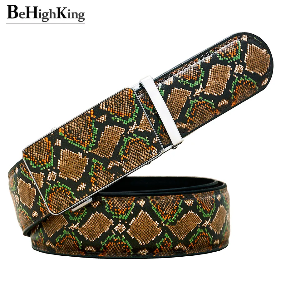 Top Trends: Novelty Genuine Leather Belt Unisex Luxury Simulated Orange Green Fine Scale Snake Pattern Automatic Buckle Waist Strap For Gift Shoppable Styles