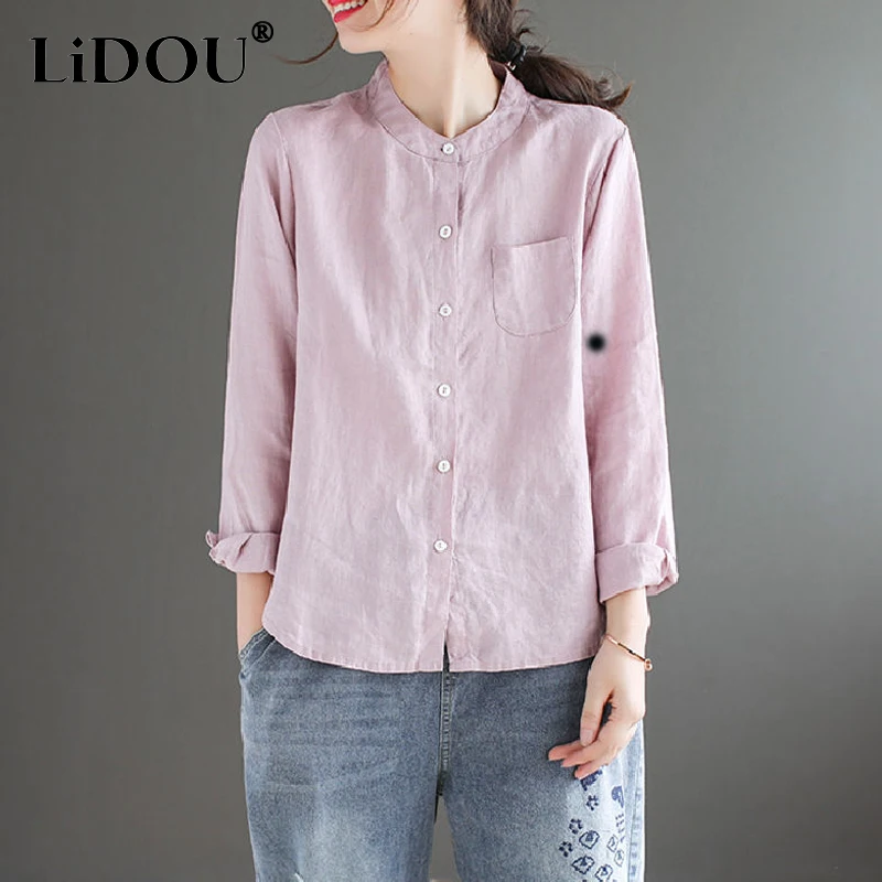 Top Trends: 2023 Spring Autumn New Solid Color Stand Collar Long Sleeve Shirt Women Fashion Casual Comfortable Cotton Hemp All-match Tops Shoppable Styles