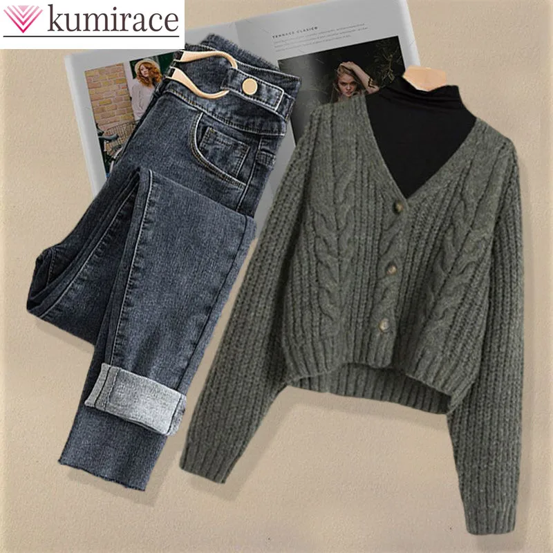 Top Trends: Winter New V-neck Knitted Sweater Cardigan Casual Jeans Two Piece Elegant Women's Pants Set Warm Full Set Clothing Style Waist Shoppable Styles