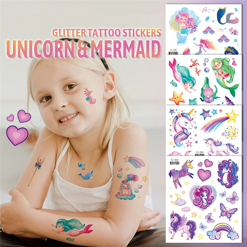 Top Trends: Glitter Fairy Mermaid Unicorn Tattoo Sticker Kids Temporary Waterproof Face Arm Body Art Fake Tattoos Children Festival Makeup Shoppable Styles