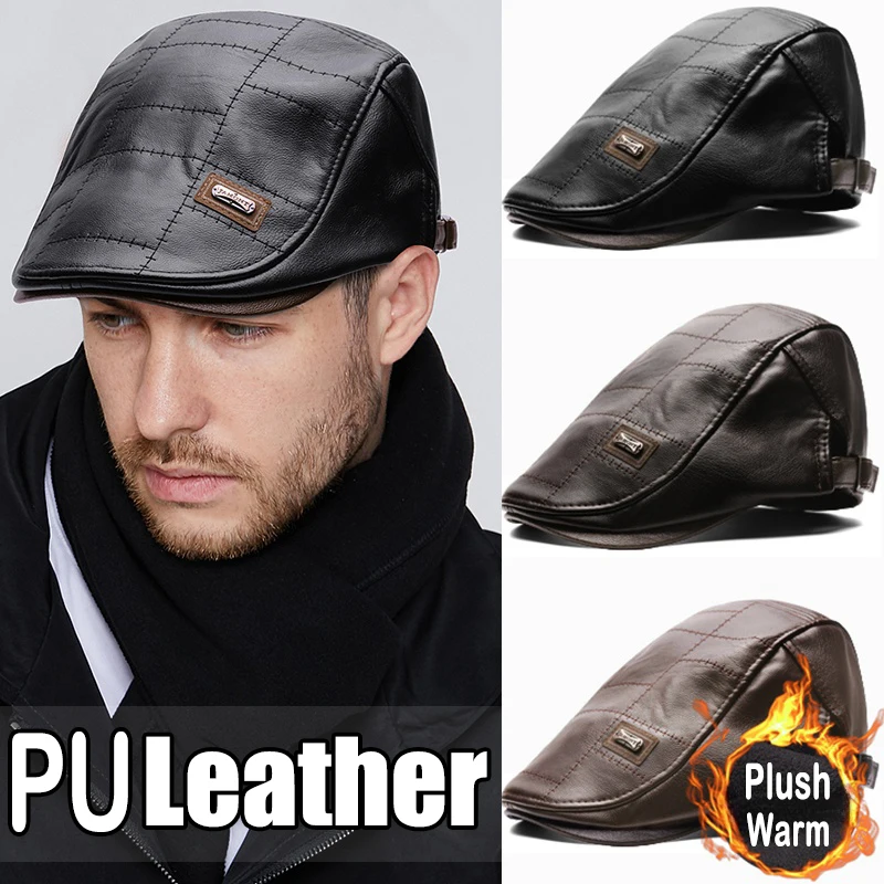 Top Trends: Spring Summer Men Fashion Retro PU Leather Beret Hats Leather Beret Hat Middle-aged Men&#039;s Visor Warm Flat Peaked Cap Adjustable Shoppable Styles