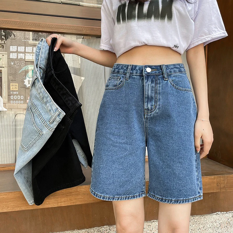 Top Trends: High Waisted Vintage Blue Wide Leg Denim Loose Short For Women Y2k Fashion 2023 Casual Straight Female Summer Jeans Shorts Black Shoppable Styles