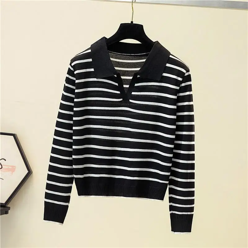 Top Trends: Fashion Women Clothing Long Sleeve Striped Sweater Spring Autumn New V-Neck Versatile Loose Casual Basic Knitted Pullovers Top Shoppable Styles