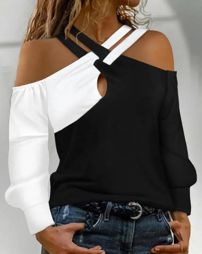 Top Trends: Colorblock Crisscross Cold Shoulder Long Sleeve Top Casual Tee T-shirts Fashion Woman Blouses 2022 Women Outfits Female Clothing Shoppable Styles