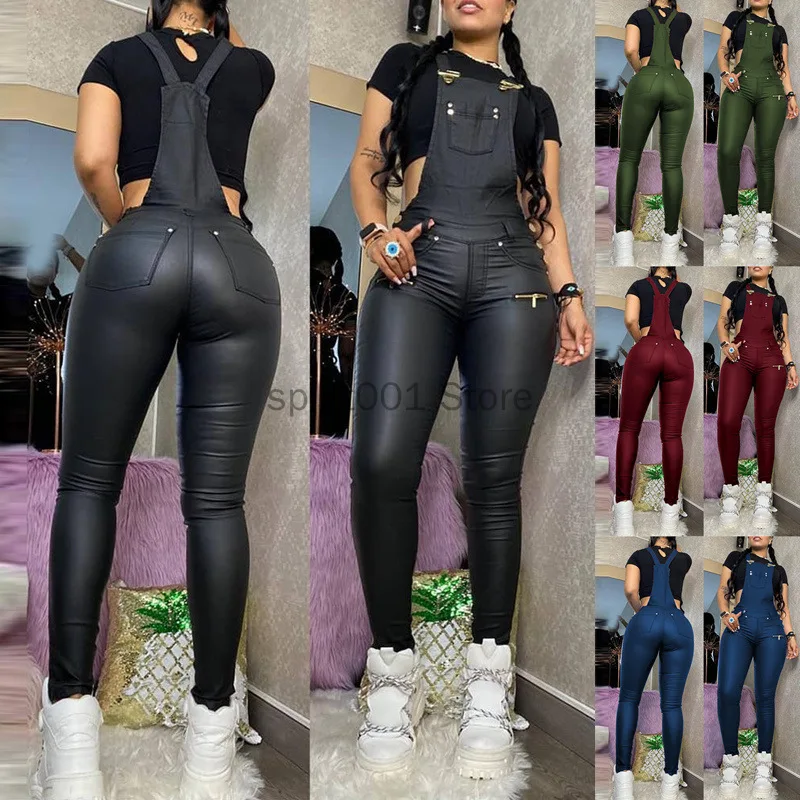 Top Trends: 2023 S-XL Women Buckled Zipper Suspender Jumpsuit Black PU Skinny Pencil Pants Red Faux Leather Slim Fit Overall Rompers Shoppable Styles