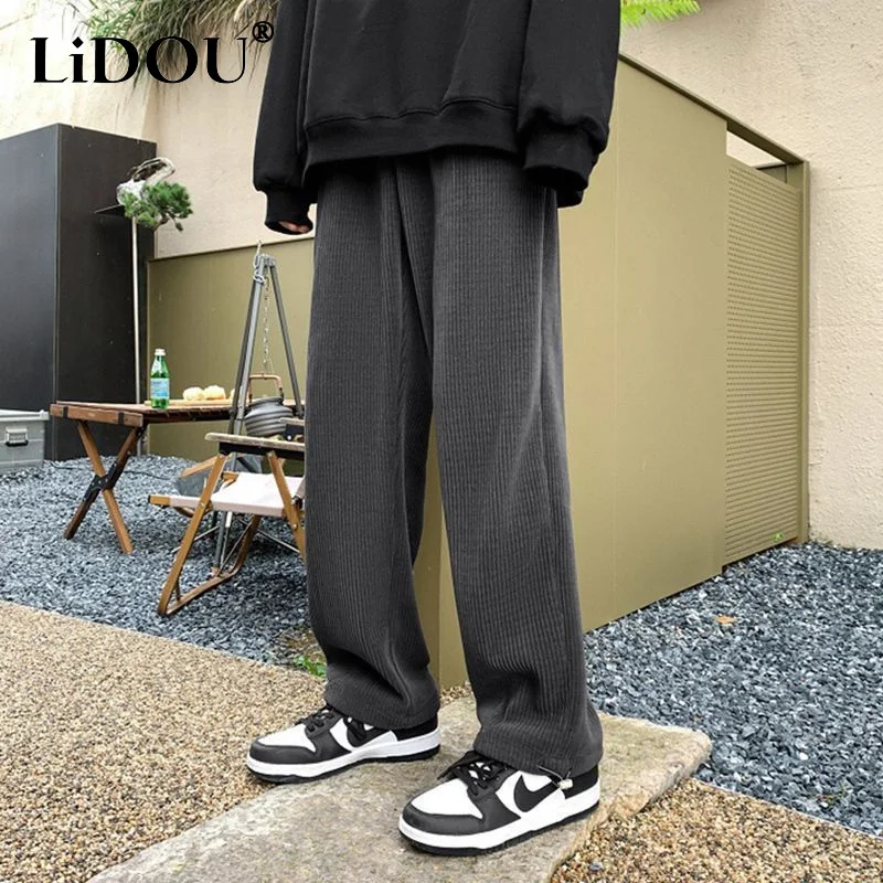 Top Trends: 2023 Spring Autumn Solid Color Wide Leg Trousers Man Elastic Waist Pockets Thin Style Corduroy Straight Pants Men Street Clothes Shoppable Styles