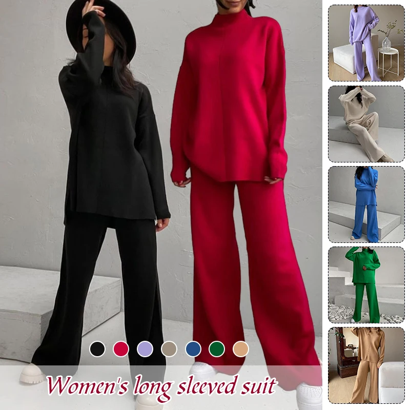 Top Trends: Women Elegant Long Sleeve Tops Autumn Winter Knitted Sweater And Pants Set Lady Pullovers + Wide Legs Pants 2 Piece Suits Shoppable Styles