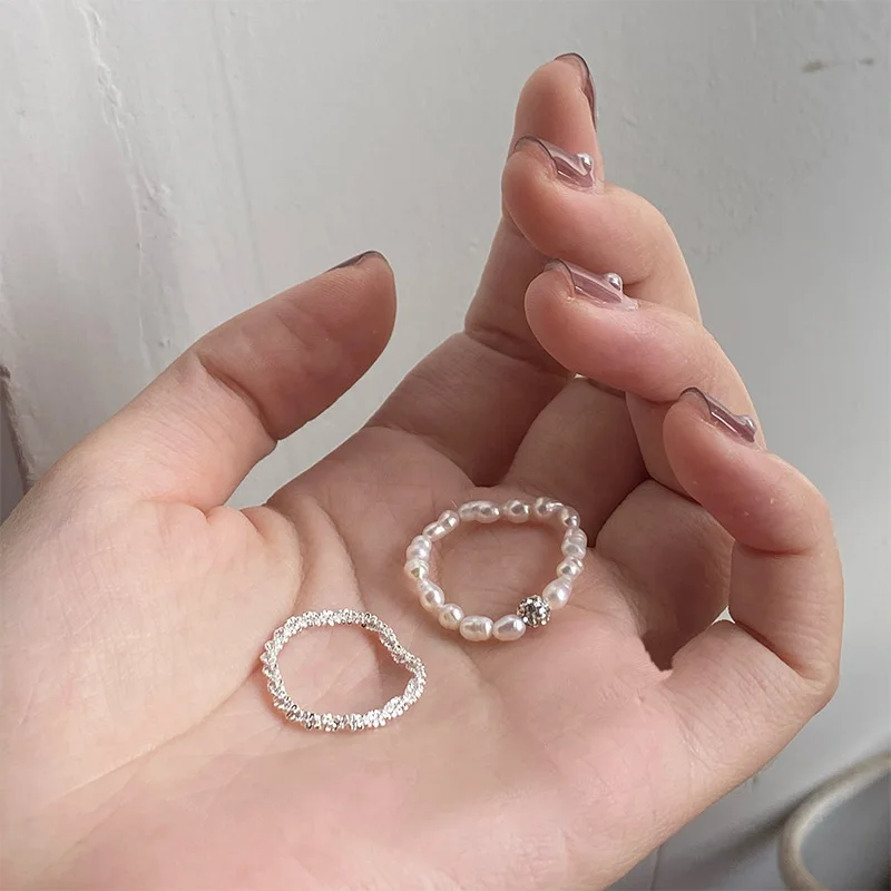 Top Trends: 2Pcs / set Korean Fashion Sparkling Ring Imitation Pearls Beaded Rings For Women Girls Knuckle Finger Ring Aesthetic Jewelry Shoppable Styles