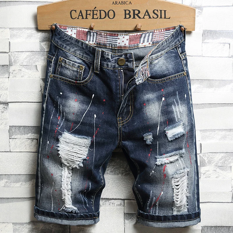 Top Trends: 2022 Fashion Graffiti Ripped Men's Jean Shorts Patch Raggedy Five-cent Beggar Denim Pants High Quality Brand Jeans Men Clothing Shoppable Styles