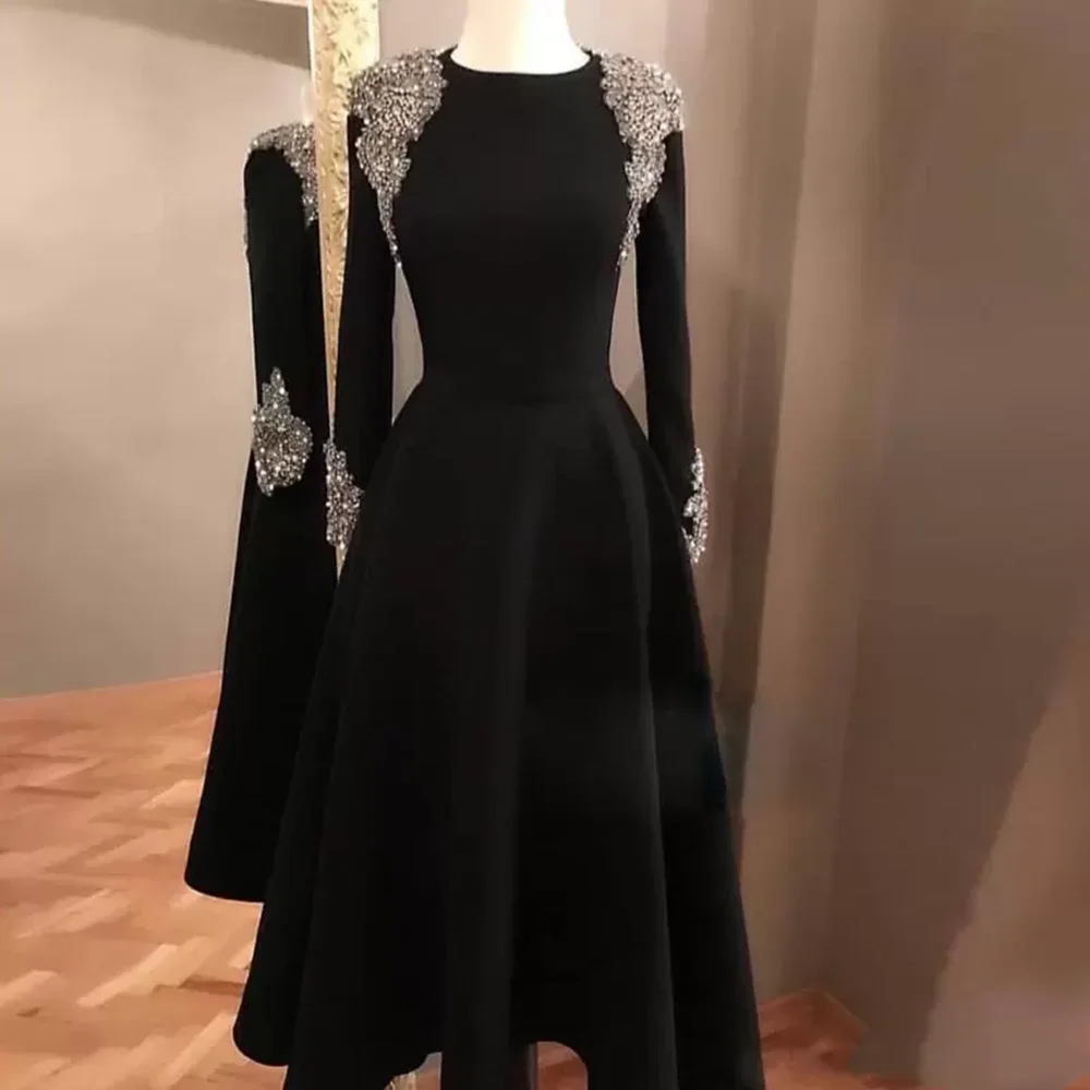 Top Trends: Elegant Black Ball Gown Jewel Neck Long Sleeve Crystal Beaded Rhinestone Formal Party Dress Tea Length Satin Cocktail Dresses Shoppable Styles