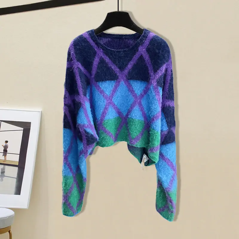 Top Trends: Fashion O-Neck Knitted Loose Color Plaid Sweaters Female Clothing 2023 Autumn Winter Oversized Casual Pullovers Korean Tops Shoppable Styles