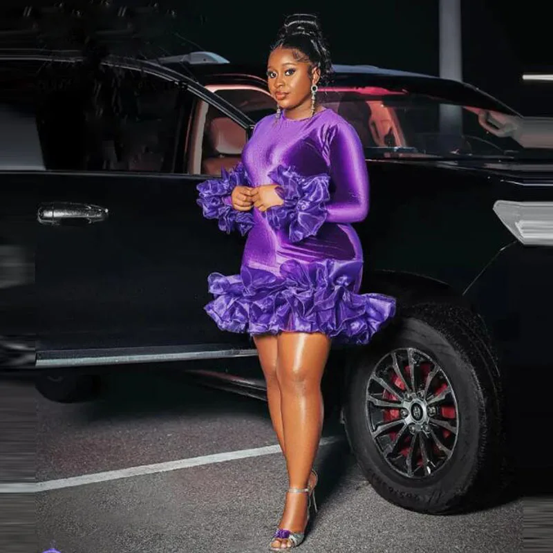 Top Trends: Purple Velvet Short Cocktail Dresses Ruffles Tiered Mini Aso Ebi Birthday Party Dress With Long Sleeves Robes De Cocktail Shoppable Styles