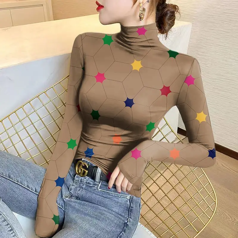 Top Trends: Women&#039;s Half High Neck Striped Thin Bottom Autumn And Winter New Fashion Printed Plaid Long Sleeve Pullover Slim T-shirt Tops Shoppable Styles