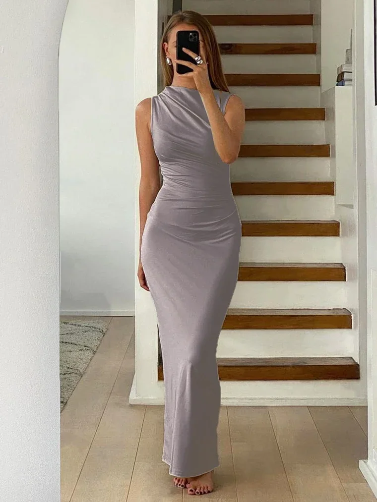 Top Trends: Tossy Pleated Long Sleeved Slim Maxi Dress Women Solid Fashion Elegant Party Dress Gown Off-Shoulder High Waist Bodycon Dress Shoppable Styles