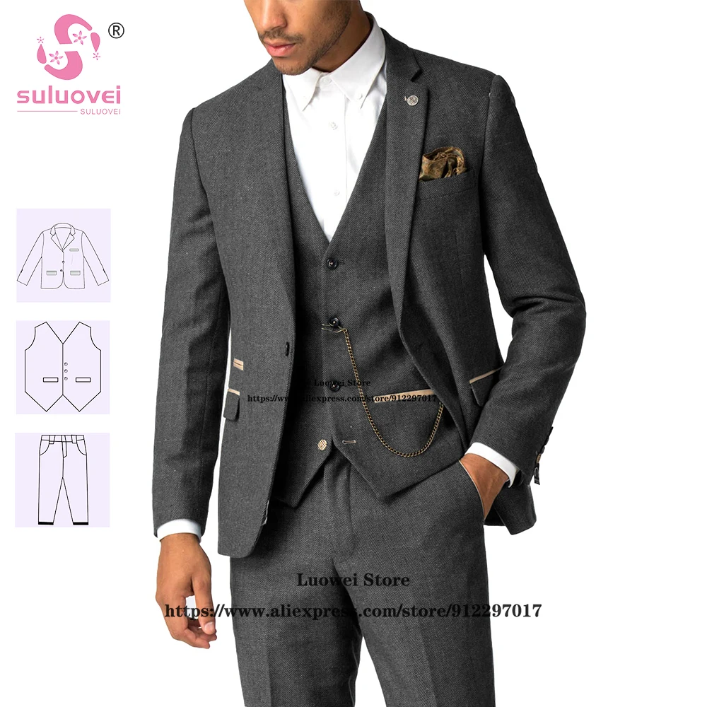 Top Trends: Winter Fashion Tweed Herringbone Suits For Men Slim Fit 3 Piece Pants Set Wedding Grooms Tuxedos Blazer Terno Masculino Completo Shoppable Styles