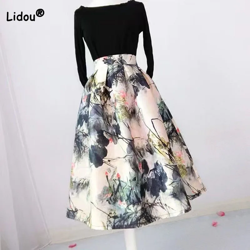 Top Trends: Vintage Temperament Lady High Waist Printing Skirt Summer Fashion Elegant All-match A-Line Ball Gown Skirts Women&#039;s Clothing Shoppable Styles