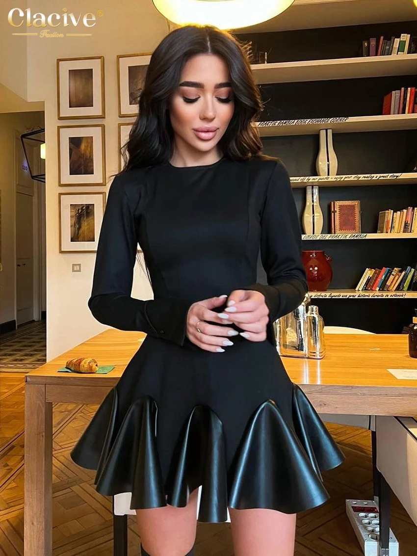 Top Trends: Clacive Bodycon Black Knitted Women Dress Fashion O-Neck Long Sleeve Office Mini Dresses Elegnat Patchwork Pleated Female Dress Shoppable Styles