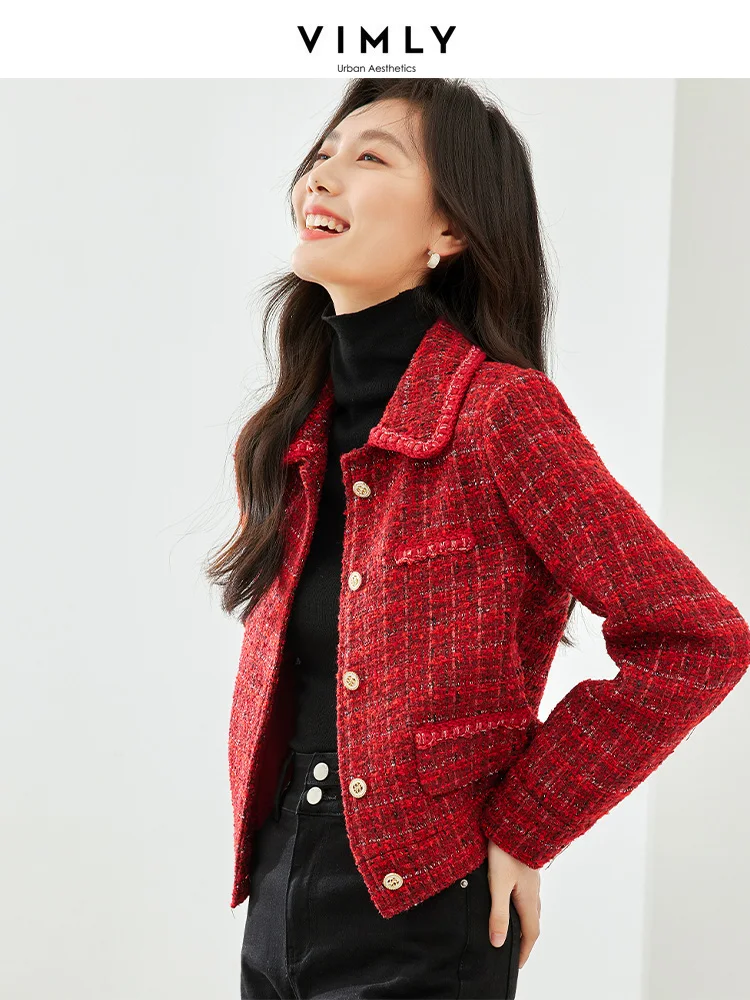 Top Trends: Vimly Winter Red Tweed Jackets For Women Office Lady 2023 Work Business Outerwear Long Sleeve Lapel Straight Short Coat M3309 Shoppable Styles - Image 4