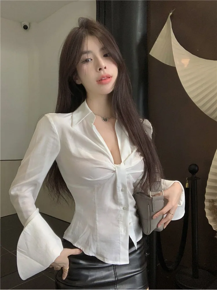 Top Trends: Deeptown Sexy V-neck White Blouses Women Hotsweet Flare Sleeve Korean Fashion Slim Shirts Crop Transparent Tops Chic Aesthetic Shoppable Styles